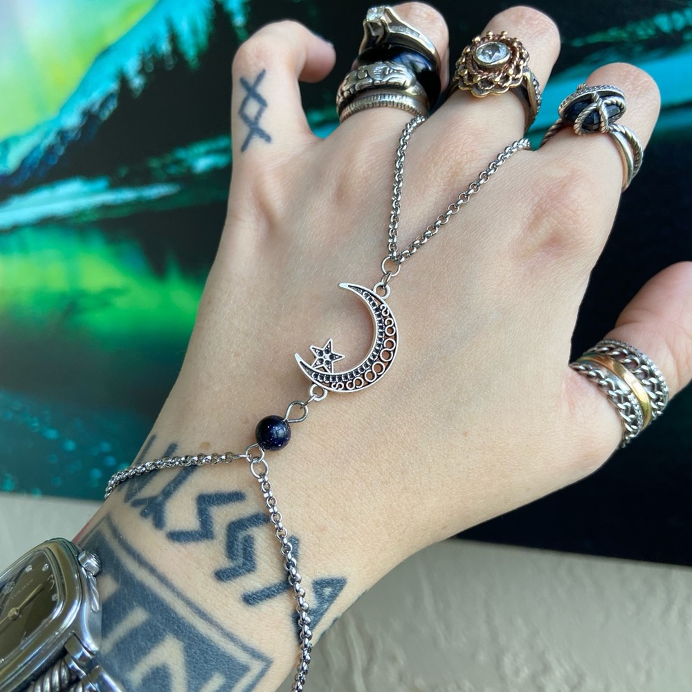Star crecent moon midnight sunstone hand bracelet